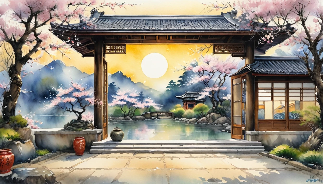 In the courtyard of ancient building.The sun shines under the cherry blossom trees,gently illuminates the entire scene,To present a harmonious fusion of natural beauty and artistic charm。Watercolor painting with elegance、Quiet style expresses natural scenery,Integrate the essence of oriental art into it skillfully。Smooth strokes of ink、Elegant tones and rustic paper texture,Together we create a peaceful and peaceful artistic atmosphere.。The overall effect appropriately reflects the inner charm of oriental art。