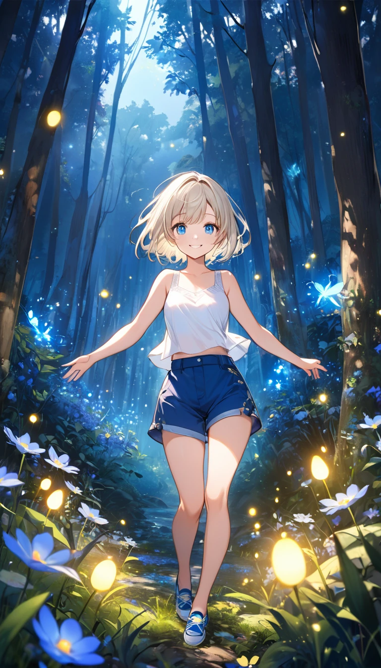 One girl,  alone, Cute,Silver blonde hair, Bob Hair,Blue eyes, View your viewers,smile,White tank top,Blue shorts,Full Body Style,The blue light of the fireflies is dazzling,Blue fireflies dancing wildly,in the forest,Wildflowers are in full bloom,