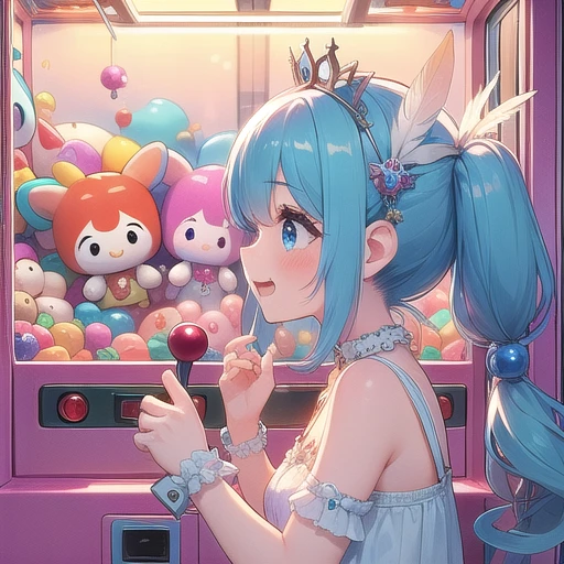 (masterpiece, best quality, detailed:1.5), 1girl from side, bend over while control long joystick and press button, (claw machine:1.2)  (cure happy, laugh, low twintails, feather hair ornament, tiara, wrist cuffs,:1.2)