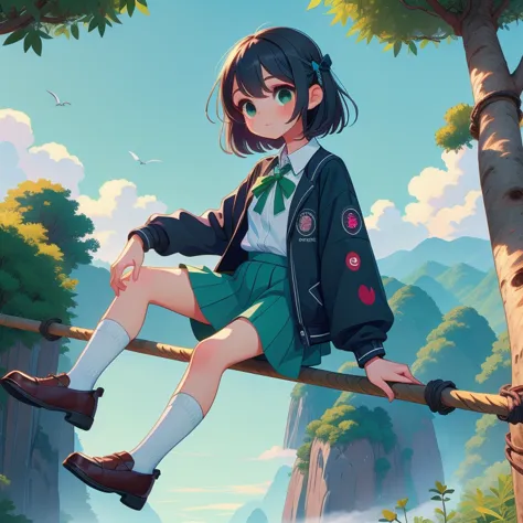 (masterpiece, best quality, detailed:1.5), sitting on tightrope from high sky, 1girl, solo, green theme, school uniform, black j...