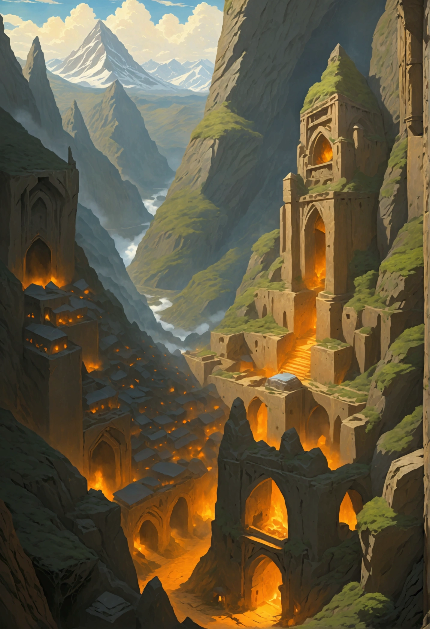 oil art, comic art ancient dwarven city, deep city, built into the mountain, massive forge, long corridors, epic Undermountain city, 