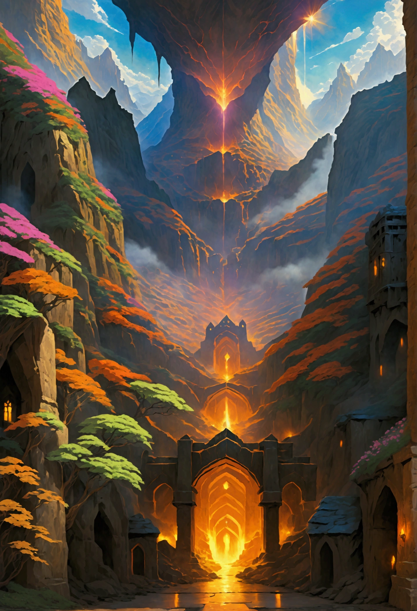 oil art, comic art ancient dwarven city, deep city, built into the mountain, massive forge, long corridors, epic Undermountain city, 