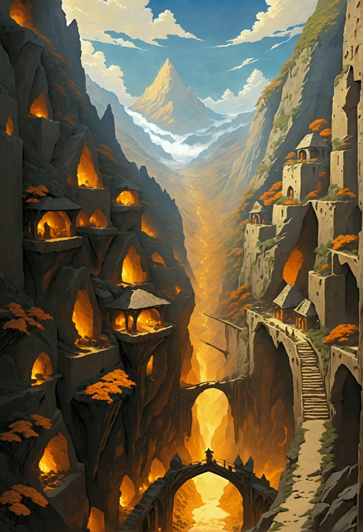 oil art, comic art ancient dwarven city, deep city, built into the mountain, massive forge, long corridors, epic Undermountain city, 