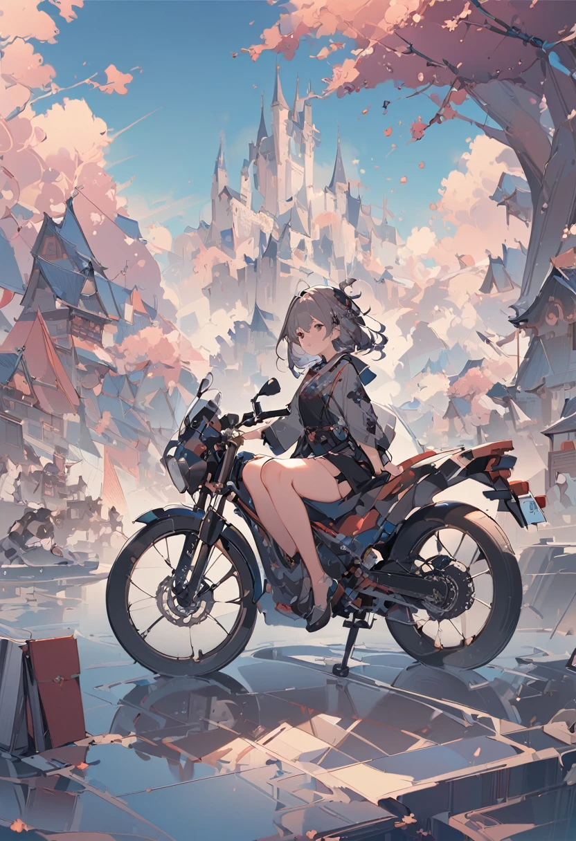 A girl is sitting on her bike next to a pond, In kawacy style, Media Intrusion Art, Chaotic environment, cherry blossoms, Webcam photo, light red and dark gray, Consists of all of the above, Beautiful views, Depth of written boundary, Fantasy, wonderful