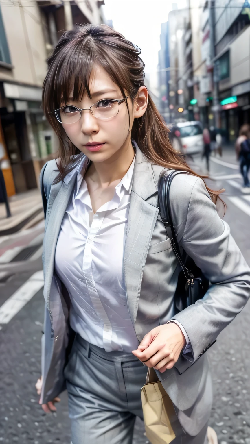 20-year-old women１people、Glasses、(Realistic、Like a photograph、Live Action、8k, Realistic, RAW Photos, Best image quality: 1.4), Single-lens reflex camera、RAW Photos, Highest quality, Realistic, Highly detailed CG Unity 8k wallpaper, Written boundary depth, Cinematic Light, Lens flare, Ray Tracing, Realistic background、((ultra high density skin))、suit、Tight Street、Walking the streets of Tokyo、(The whole body is visible:1.38)