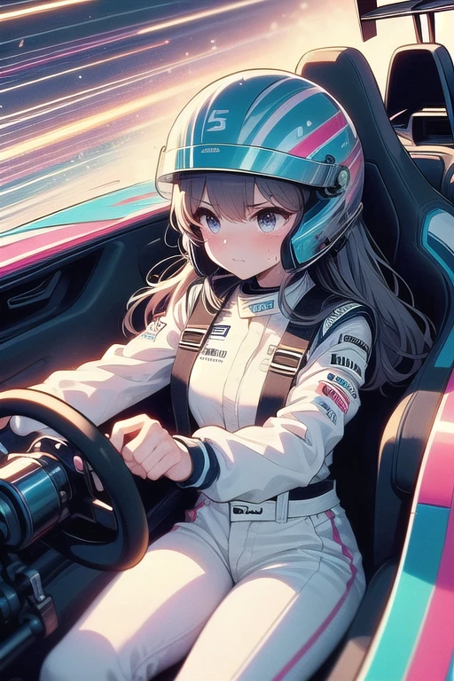 (((masterpiece))), (((best quality))), (((from front))), ((driving a formula racing)), ((fingers on steering wheel)), sitting on driver's seat, sharp eyes, ((helmet)), uniform, (((speed lines))), ((electricity)), ((neon lights)), solo, 1girl, big , longhair, sweat, slim figure, 