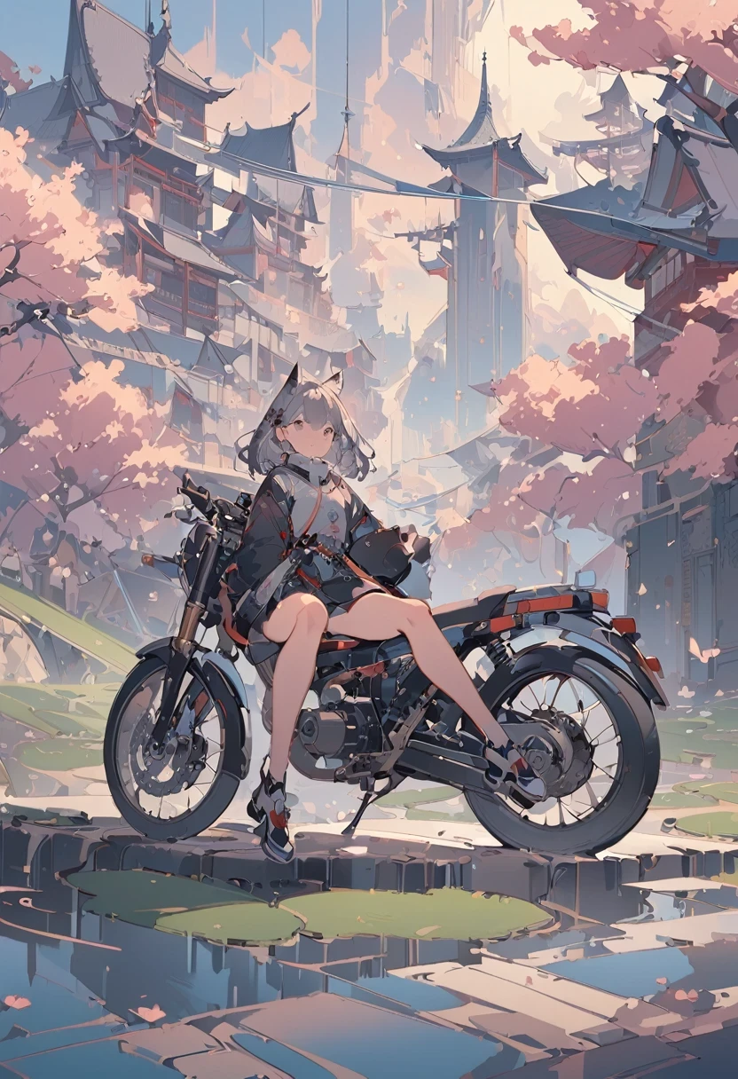 A girl is sitting on her bike next to a pond, In kawacy style, Media Intrusion Art, Chaotic environment, cherry blossoms, Webcam photo, light red and dark gray, Consists of all of the above, Beautiful views, Depth of written boundary, Fantasy, wonderful