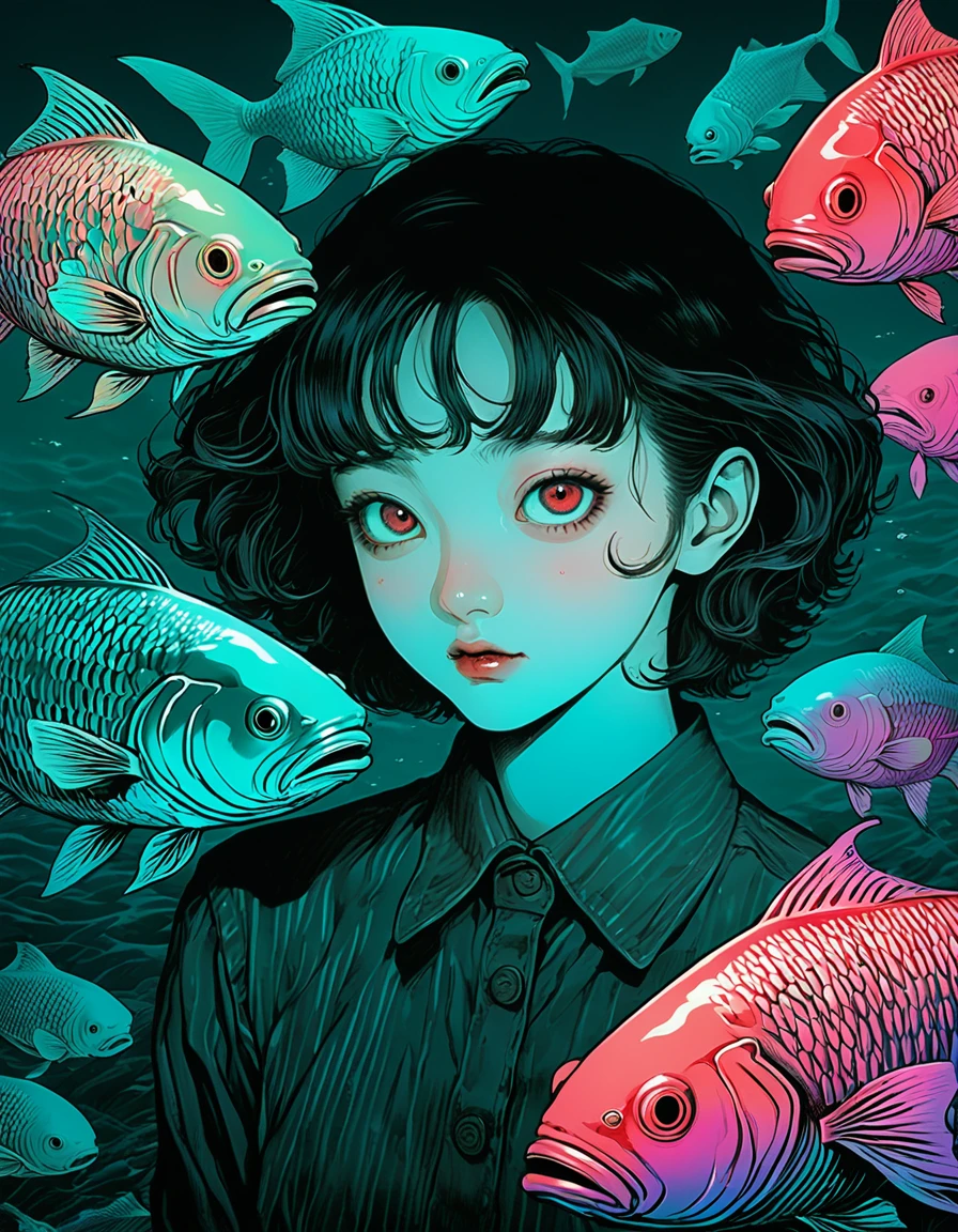 illust、art、from 80s horror movie, directed by Junji Ito、deep sea fish、high detail, realsitic shadow、Analog style, chromatic aberration,Complementary color gradient、Surrealism
