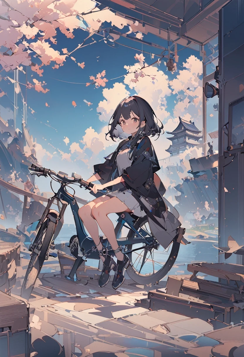 A girl is sitting on her bike next to a pond, In kawacy style, Media Intrusion Art, Chaotic environment, cherry blossoms, Webcam photo, light red and dark gray, Consists of all of the above, Beautiful views, Depth of written boundary, Fantasy, wonderful