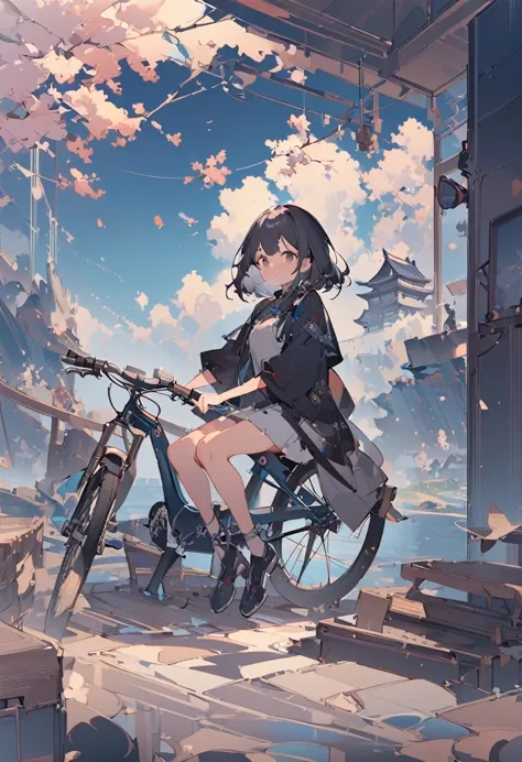 a girl is sitting on her bike next to a pond, in kawacy style, media intrusion art, chaotic environment, cherry blossoms, webcam...