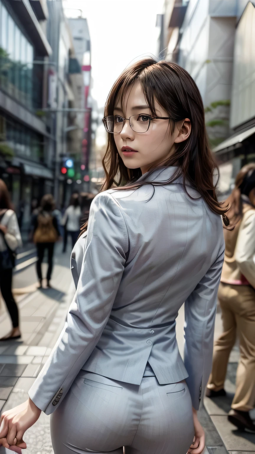 20-year-old women１people、Glasses、(Realistic、Like a photograph、Live Action、8k, Realistic, RAW Photos, Best image quality: 1.4), Single-lens reflex camera、RAW Photos, Highest quality, Realistic, Highly detailed CG Unity 8k wallpaper, Written boundary depth, Cinematic Light, Lens flare, Ray Tracing, Realistic background、((ultra high density skin))、suit、Tight Street、Walking the streets of Tokyo、(The whole body is visible:1.38)、View from behind