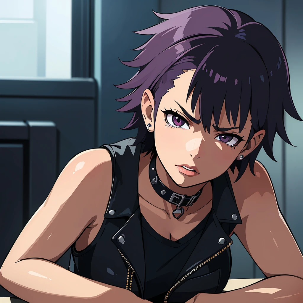 top quality, masterpiece, ultra high definition, (photorealistic: 1.4), raw photo, 1 girl, punk style anime, short spiky hair, she is angry, She wears a punk skirt with a Bullets belt, a black leather jacket and a Metallica shirt., She has piercings in her ears, lips and eyebrows., shiny skin, wet body, dramatic lighting, whole body, 