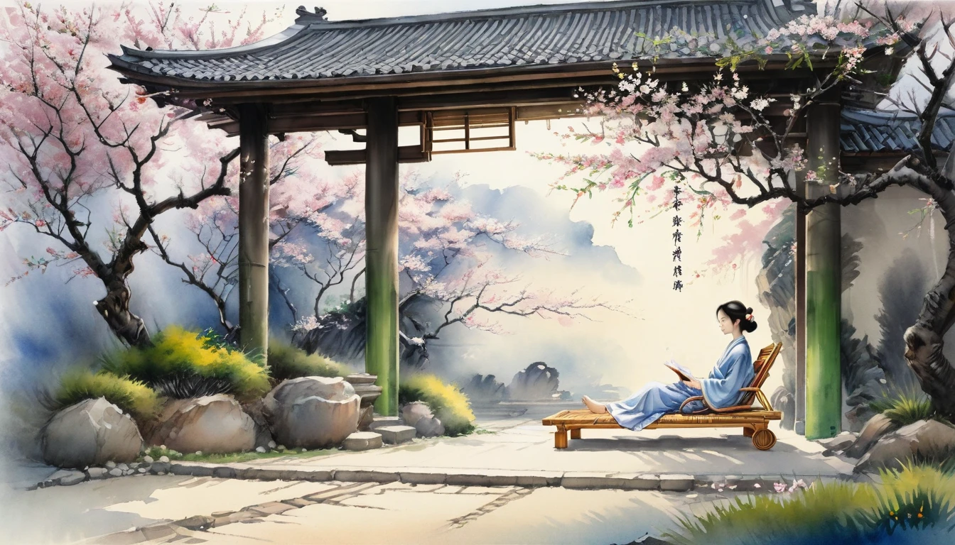 In the courtyard of ancient building.There is a lady under the cherry blossom tree.A lady rests and sleeps soundly on a bamboo chair under the tree.The sun illuminates the whole scene gently,To present a harmonious fusion of natural beauty and artistic charm。watercolor painting+Ink painting with simple elegance、Quiet style expresses natural scenery,