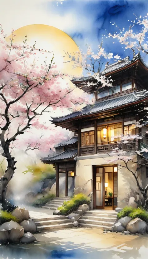 in the courtyard of ancient building.the sun shines under the cherry blossom trees,gently illuminates the entire scene,to presen...