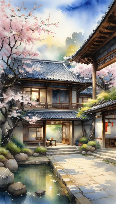 in the courtyard of ancient building.the sun shines under the cherry blossom trees,gently illuminates the entire scene,to presen...