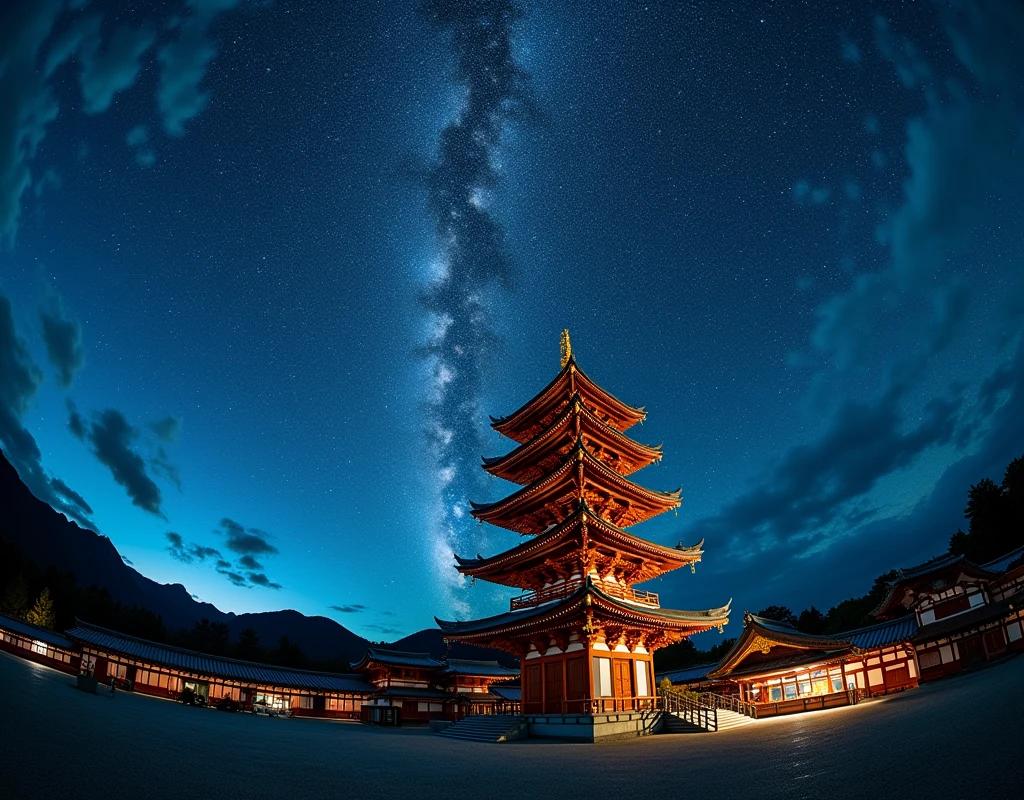 Ancient architecture, Horyuji Temple, milky way, Night Sky, Star trajectory, few fisheye lens.