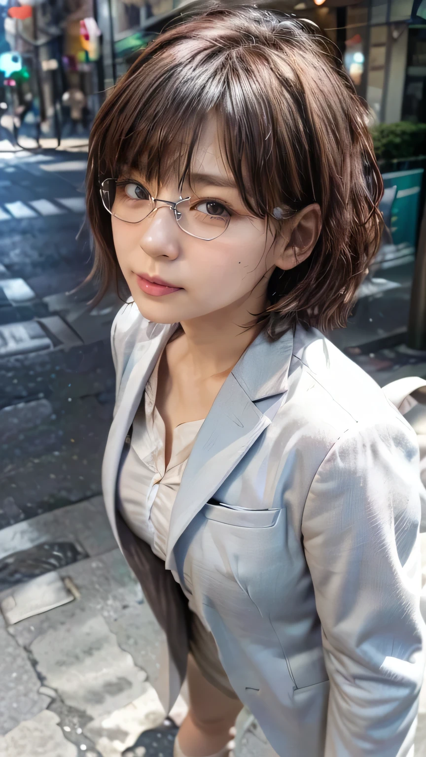 20-year-old women１people、Glasses、(Realistic、Like a photograph、Live Action、8k, Realistic, RAW Photos, Best image quality: 1.4), Single-lens reflex camera、RAW Photos, Highest quality, Realistic, Highly detailed CG Unity 8k wallpaper, Written boundary depth, Cinematic Light, Lens flare, Ray Tracing, Realistic background、((ultra high density skin))、suit、Tight Street、Walking the streets of Tokyo、Shortcuts、(The whole body is visible:1.38)