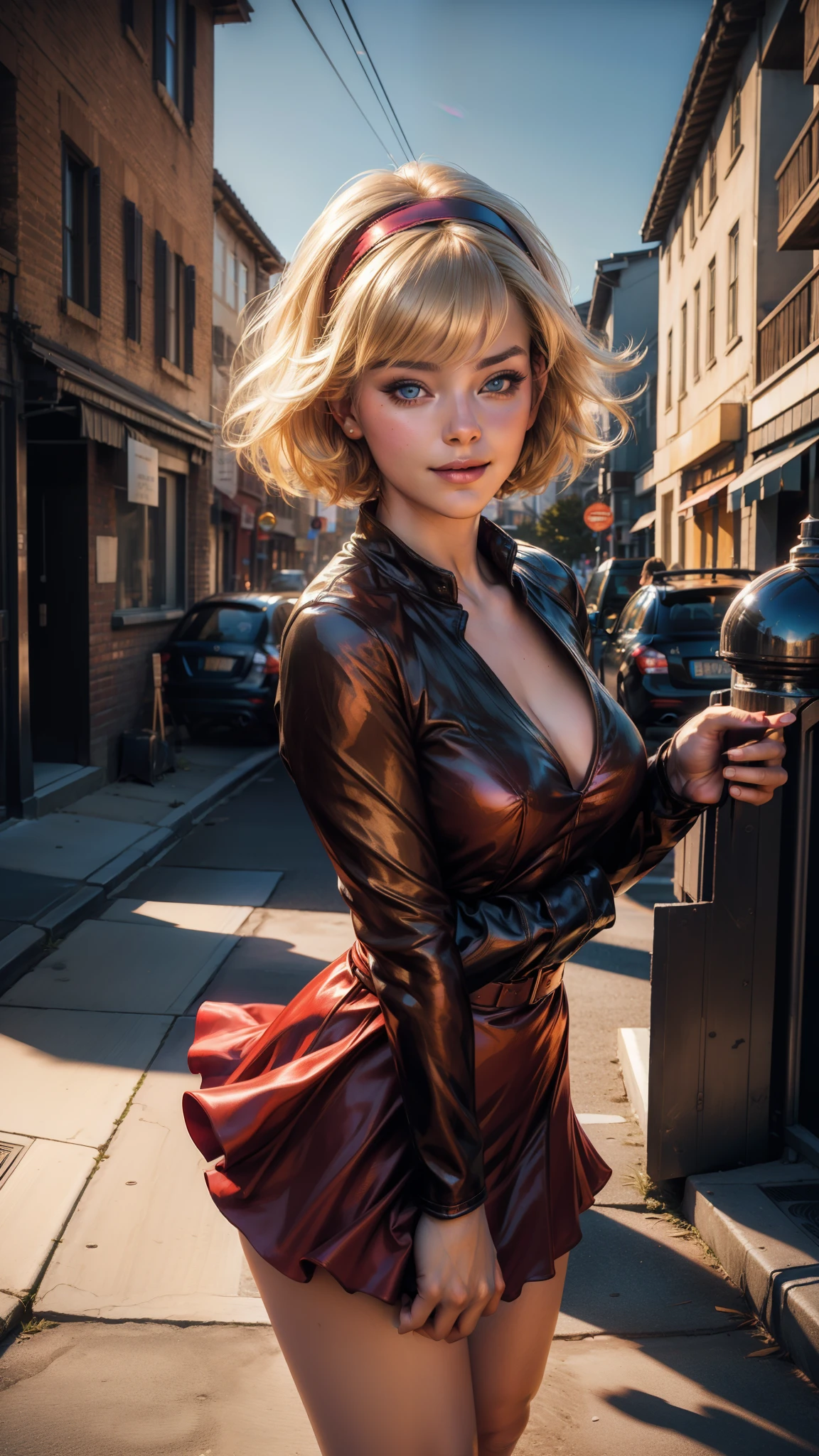 (master part: 1.0), (Best Quality: 1.2), Classic Sabrina Spellman, 1 girl, only, full body view, Short hair, blonde hair, straight hair, messy hair, Black Hairband, one fringe, blue eyes, smiling, parted lips , curvy figure, medium to large breasts, lipstick, makeup, red dress with miniskirt, legs apart, sunlight, sun rays, side light source, (realism: 1.5), (Realistic: 1.4), (Absurd : 1.4), 8k, ultra-detailed, detailed beautiful woman, (only: 1.4), 1girl, official art, extremely detailed CG unit wallpaper 8k, perfect lighting, colorful, ultra-high resolution, photography, 8k, HDR, Portra Kodak 400, filmic grain, blurred background, (Bokeh:1.2), lens flare, (vibrant_Color:1.2), professional photography