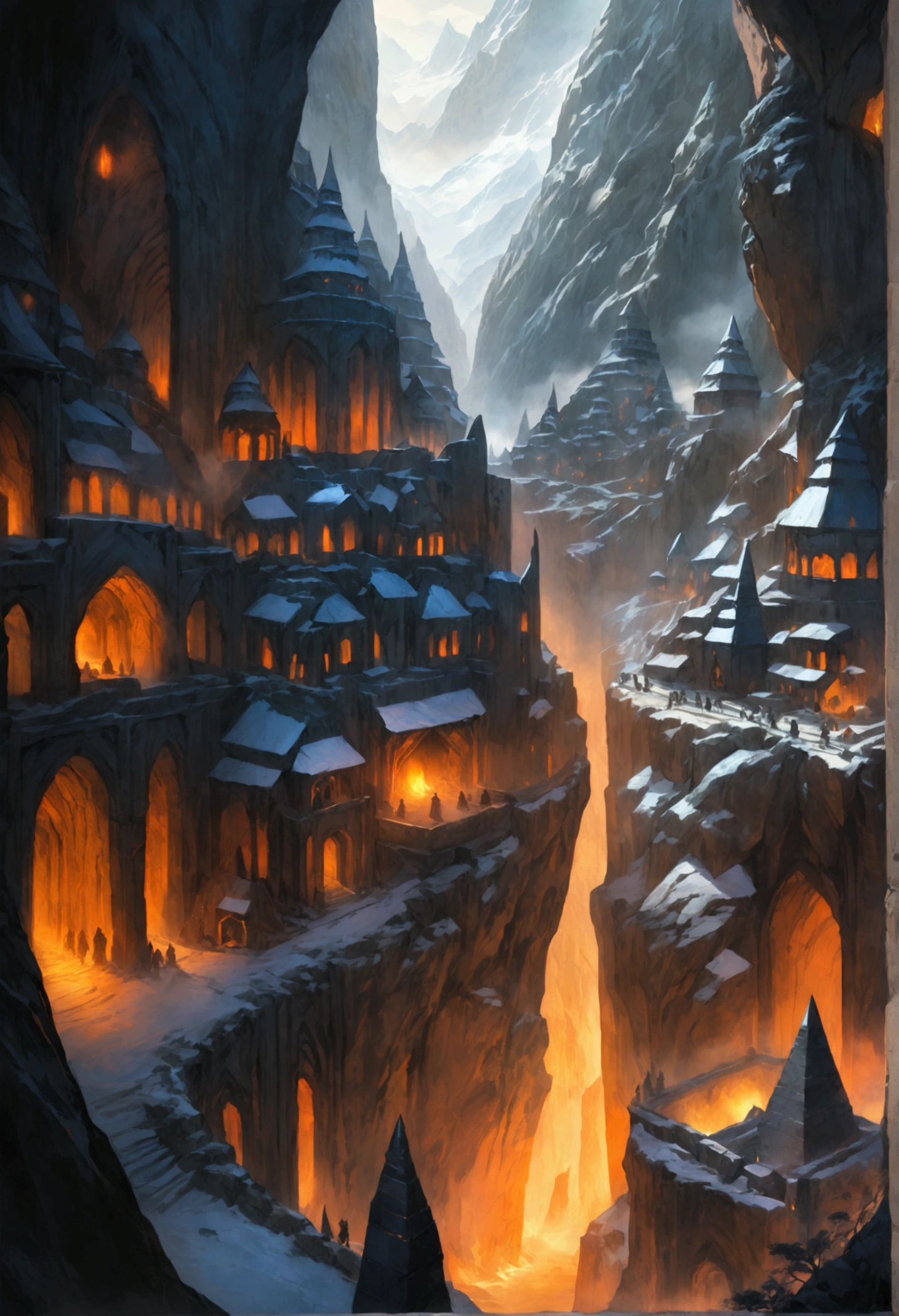 oil art, comic art ancient dwarven city, deep city, built into the mountain, massive forge, long corridors, epic Undermountain city, 