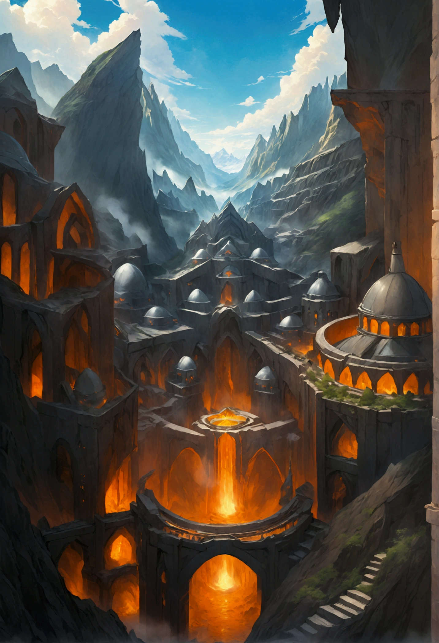 oil art, comic art ancient dwarven city, deep city, built into the mountain, massive forge, long corridors, epic Undermountain city, 