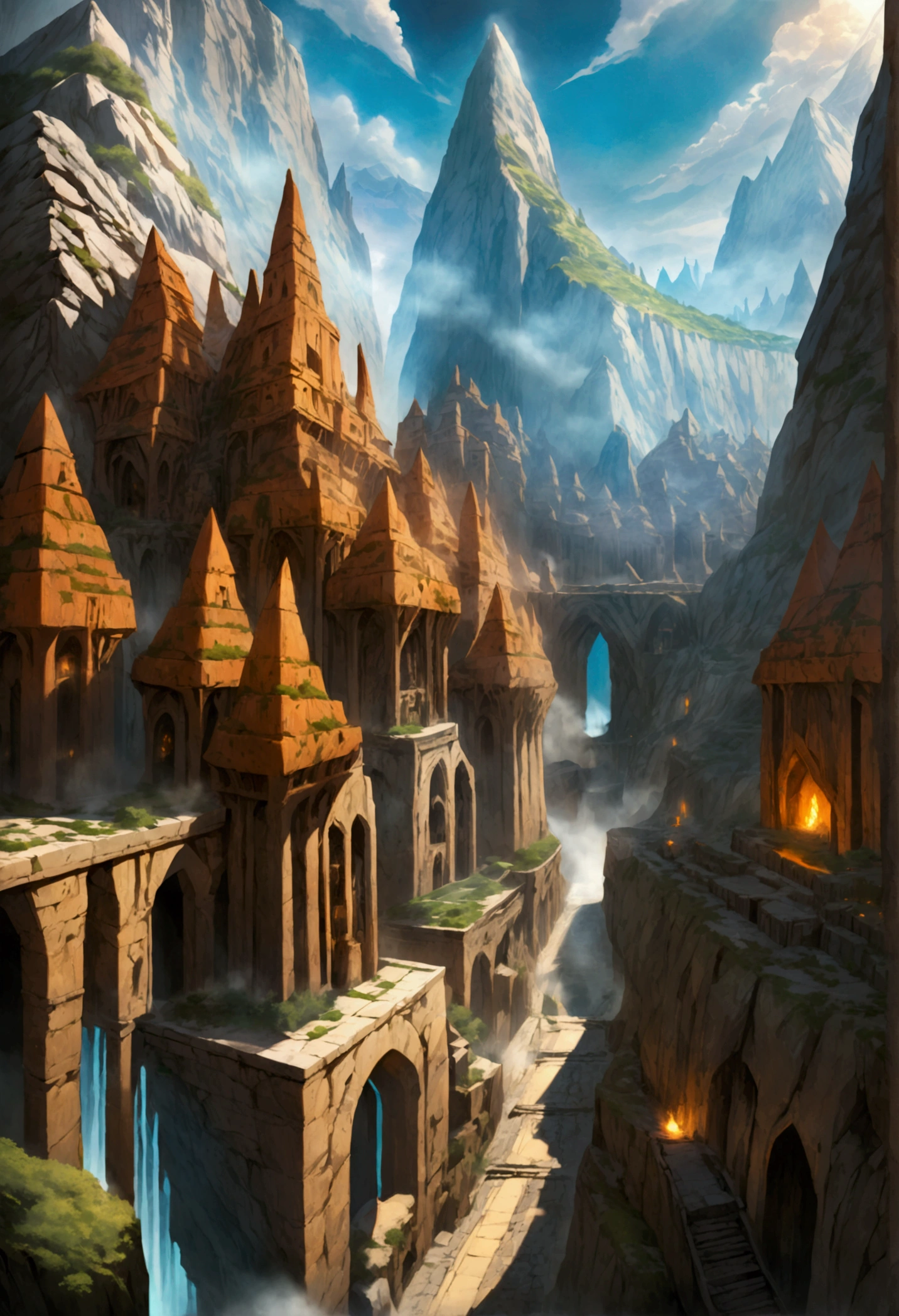 oil art, comic art ancient dwarven city, deep city, built into the mountain, massive forge, long corridors, epic Undermountain city, 