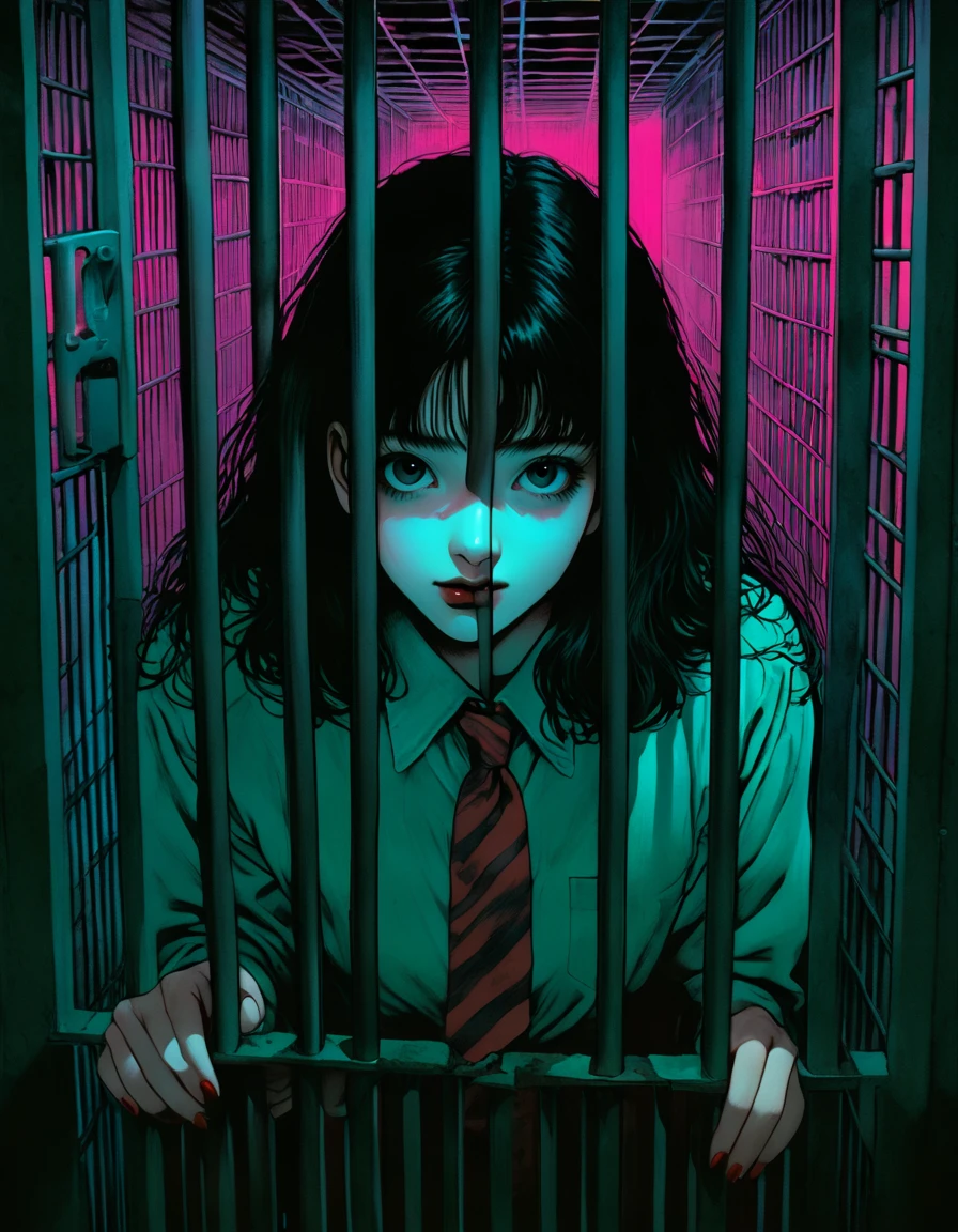 illust, art, from 80s horror movie, directed by Junji Ito, high detail, realistic shadow, analog style, vhs style, 8mm film, chromatic aberration, complementary color gradient, prison, confinement, beautiful girl