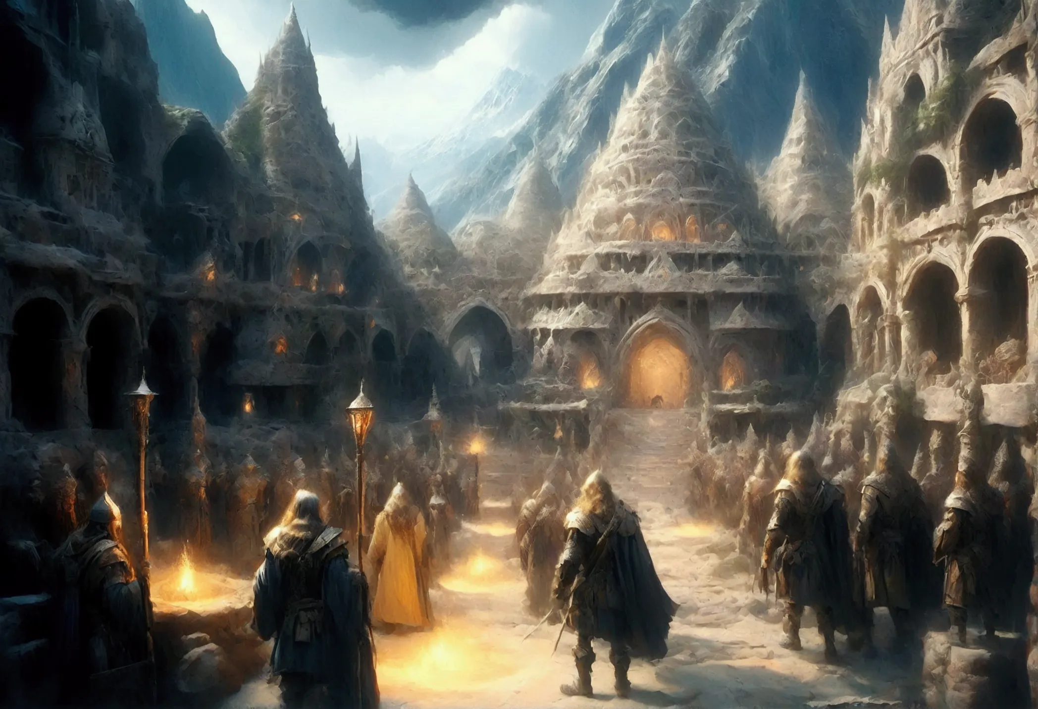 oil art, comic art ancient dwarven city, deep city, built into the mountain, massive forge, long corridors, epic undermountain c...