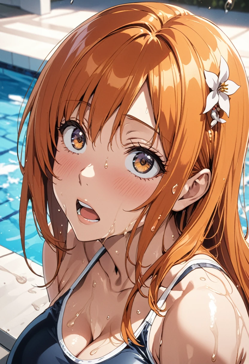 masterpiece, Highest quality, High resolution, (Orihime Inoue),(BLEACH),1990s \(style\),School Swimsuit、(G-cup busty)、tall、Sweating all over the body、vapor、Muscular、sexy、A face writhing in pleasure、The whole body is covered in sex fluids、Sweaty、Configuration from the front、Ahegao、Anime-style painting style,Orange Hair、Long Hair、Small flower-shaped hair ornament,Big eyes,Composition focusing on the upper body,The background is the pool