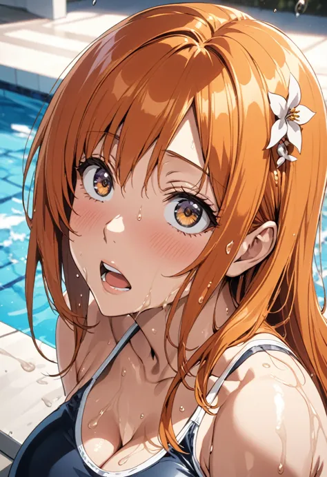 masterpiece, highest quality, high resolution, (orihime inoue),(bleach),1990s \(style\),school swimsuit、(g-cup busty)、tall、sweat...