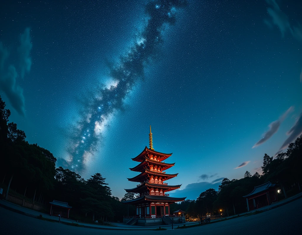 Ancient architecture, Horyuji Temple, milky way, Night Sky, Star trajectory, few fisheye lens.