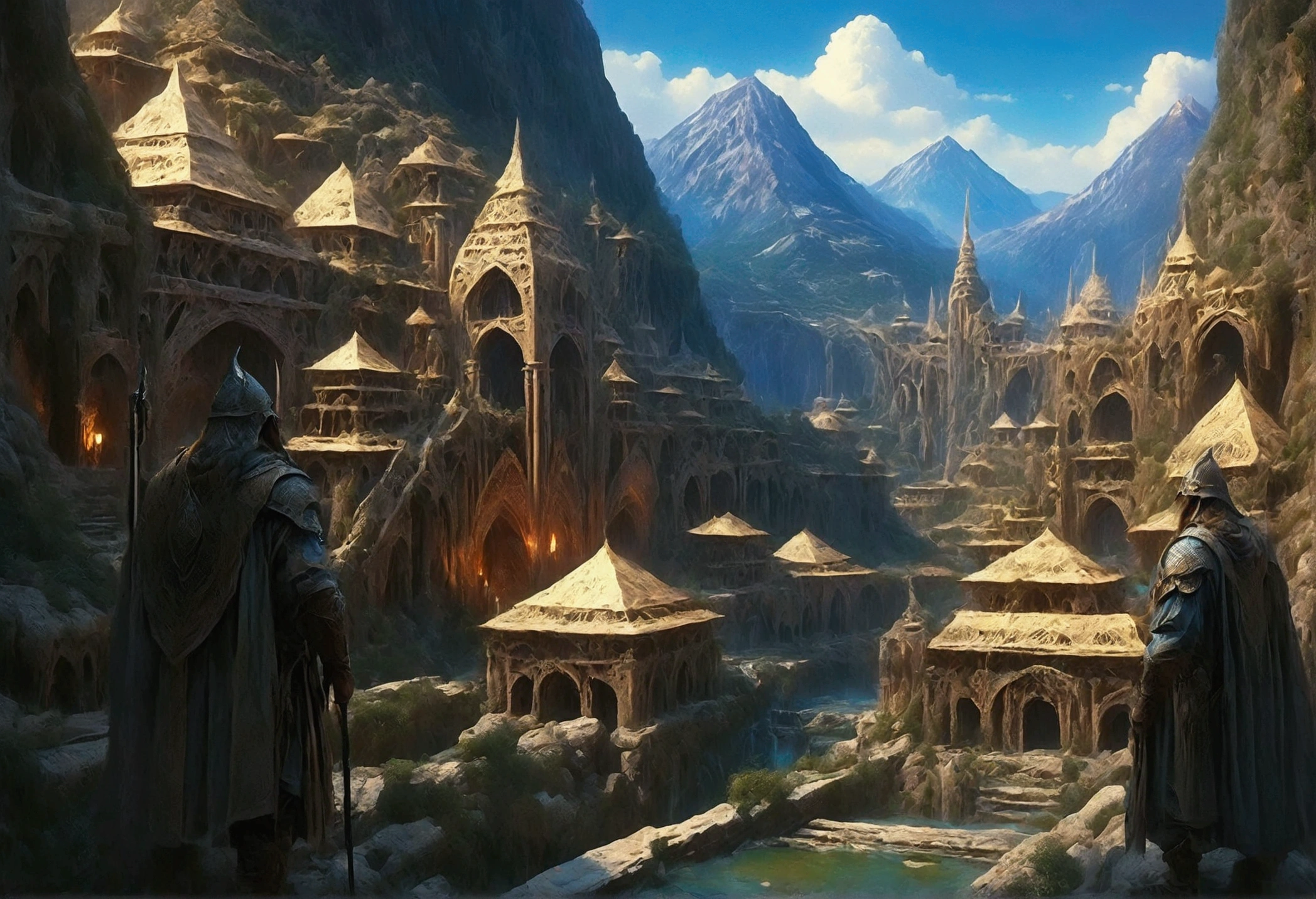 oil art, comic art ancient dwarven city, deep city, built into the mountain, massive forge, long corridors, epic Undermountain city, 