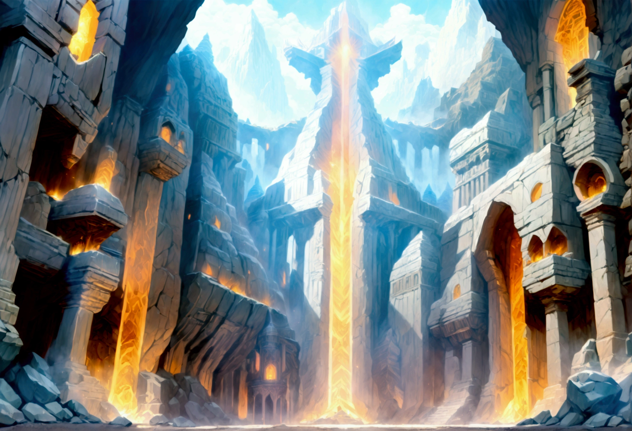 oil art, comic art ancient dwarven city, deep city, built into the mountain, massive forge, long corridors, epic Undermountain city, 