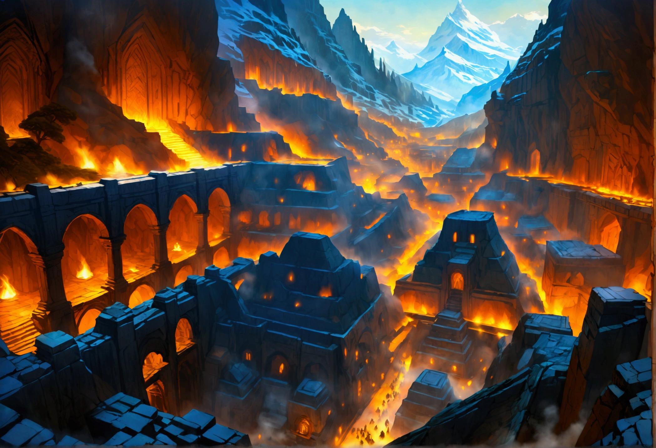 oil art, comic art ancient dwarven city, deep city, built into the mountain, massive forge, long corridors, epic Undermountain city, 