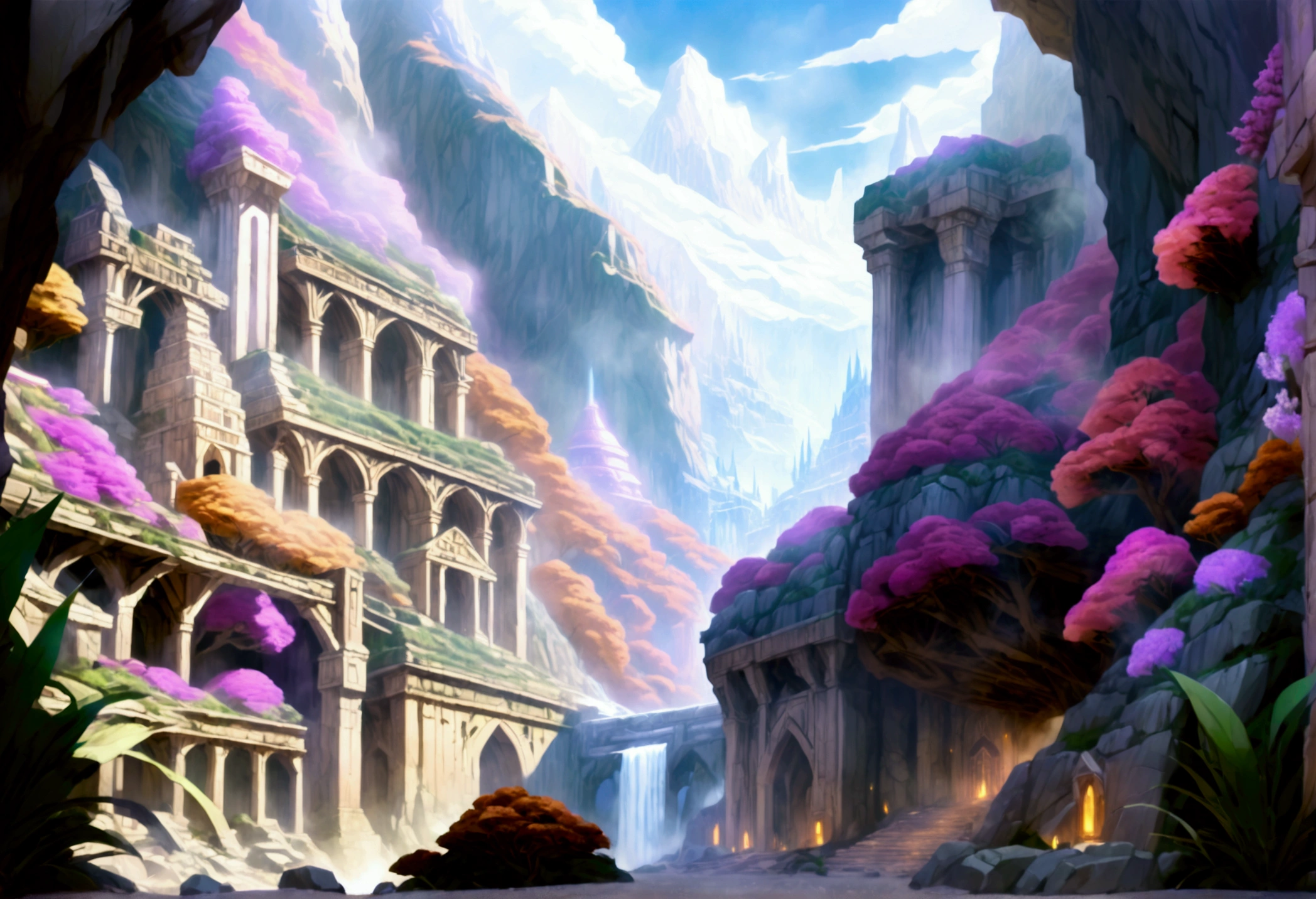 oil art, comic art ancient dwarven city, deep city, built into the mountain, massive forge, long corridors, epic Undermountain city, 