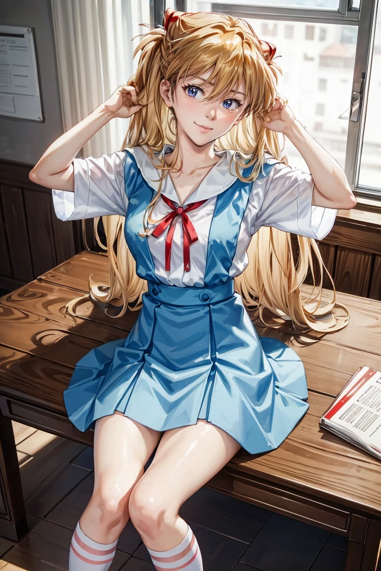 （8K, Highest quality, Pieces fly:1.2)、Dynamic Angle, Ultra-high resolution、anime,1 very cute girl,Asuka Langley,Highly detailed face, Fine grain,blue eyes,,White sailor collar plain short sleeve shirt,Light blue skirt,Light Blue Suspenders,uniform_Red ribbon,Orange Hair,Long Hair、Detailed hand and fingers,put your hands in your hair,Grin、sitting on desk,Shooting from above,classroom