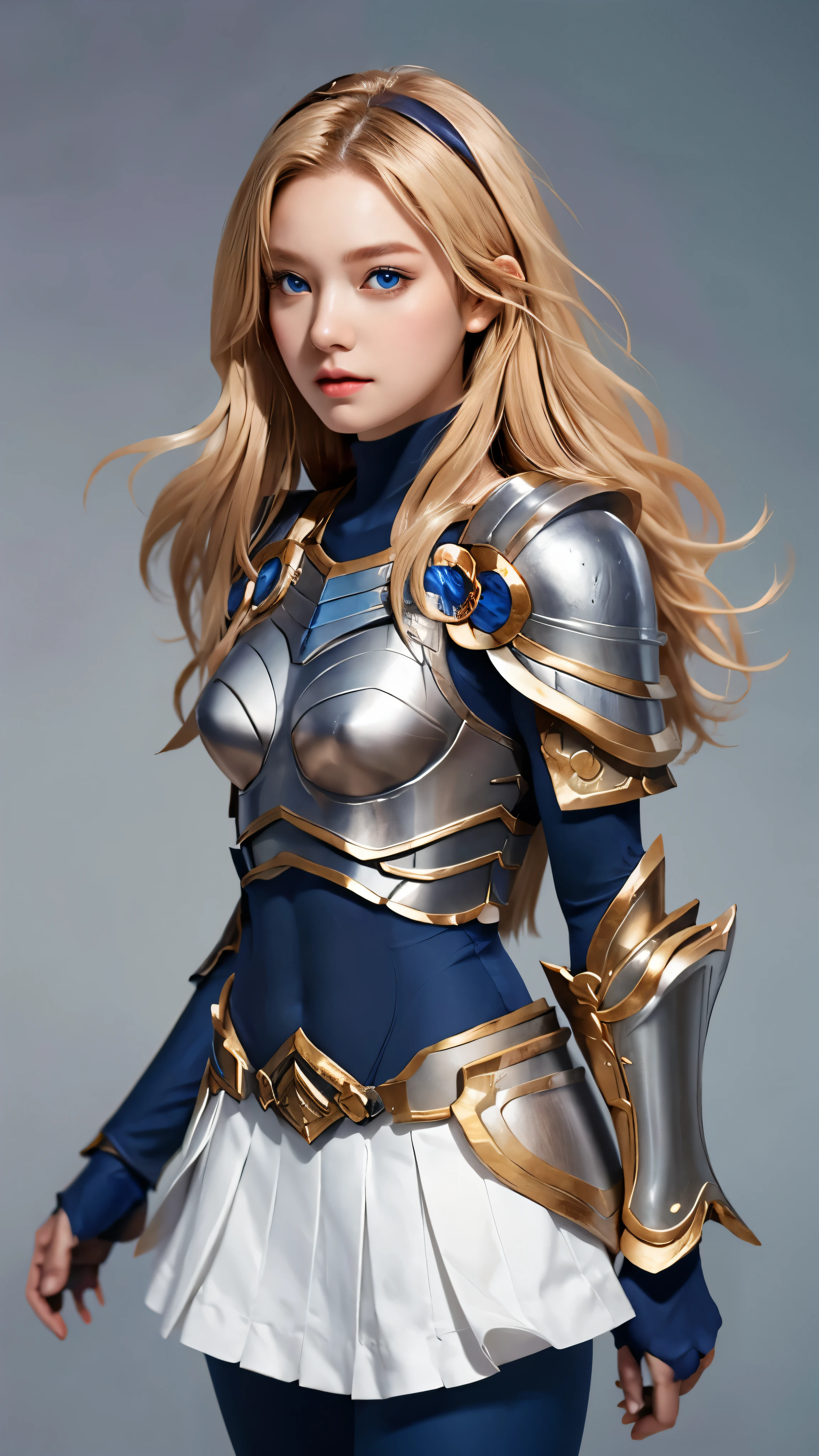 lux, league of legends, long blonde hair, blue eyes, blue tights, full chest armor, shoulder armor, skirt with frills, medium breasts, half body portrait, beautiful, fit body, looking at viewer, very detailed face,