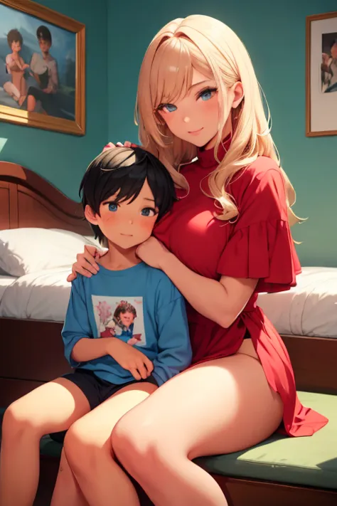 young boy sitting on his mother's lap in a cozy bedrooms, blue appropriate underwear clothes. mommy and son, 1boy, thick thighs,...