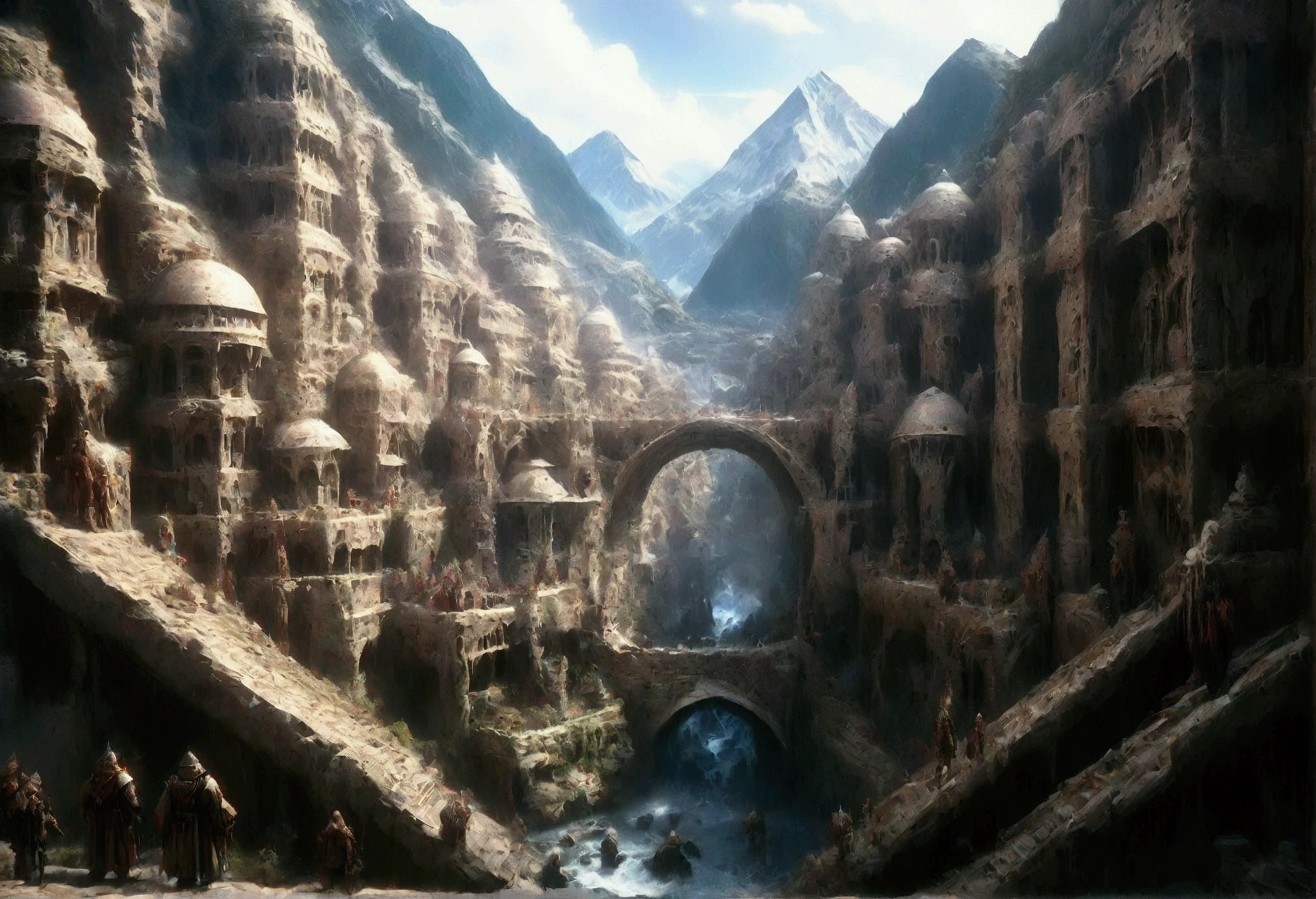 oil art, comic art ancient dwarven city, deep city, built into the mountain, massive forge, long corridors, epic Undermountain city, FFROA