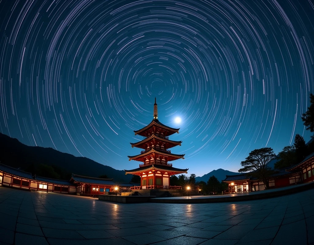 Ancient architecture, Horyuji Temple, milky way, Night Sky, Star trajectory, few fisheye lens.