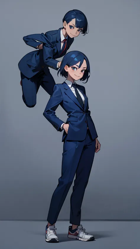 navy blue hair,wicked smile,criminal,woman,sneakers,standing posture,running,suit