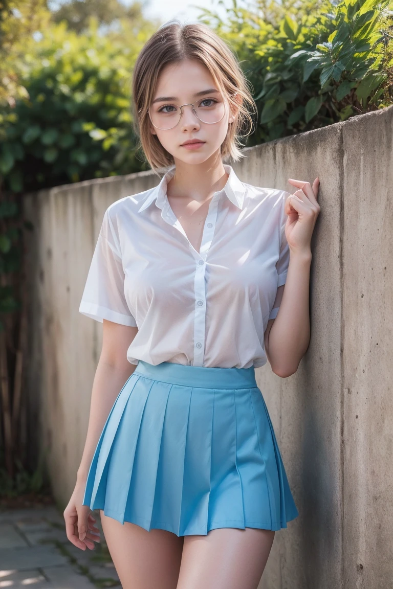 1 girl, (((at park))), (transparent white shirt), (wet shirt), (mini skirt), (pastel blue skirt), RAW photo, (photorealistic:1.37, realistic), highly detailed CG unified 8K wallpapers, 1girl, ((uslender body:1)), (small breasts:1.3), looking at viewer, ((straight from front)), (HQ skin:1.2), (clean skin:1.2), 8k uhd, dslr, soft lighting, high quality, film grain, Fujifilm XT3, (full body:0.8) , tokyolagii , (bold glasses), full body in, perfect body, two legs, long legs, naval, (wide waist:1.2), (big tigh:1.3), , sad, blushing, short hair, Barbara Palvin, school backyard, againts a cement wall, plants, light blue pleated skirt, white school uniform, white bra, open buttons