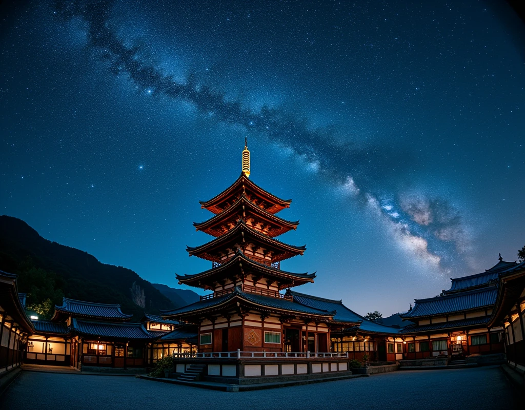 Ancient architecture, Horyuji Temple, milky way, Night Sky, Star trajectory, few fisheye lens.