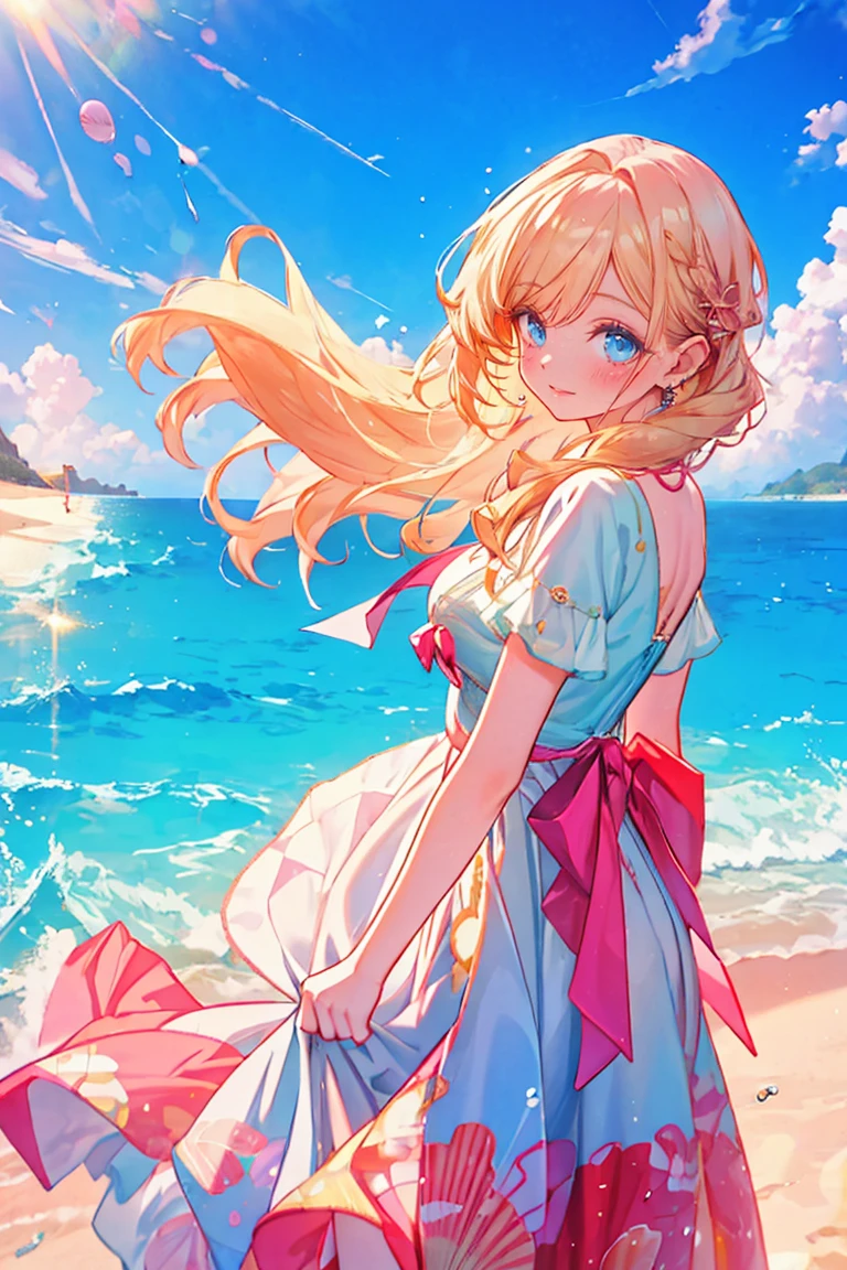 Exquisite and beautiful CG artwork),(best quality, Extremely detailed, high resolution),(Dynamic Angle, Dynamic Lighting),(1 character),(Pink and gold long hair), blue eyes, Pretty Face), 1 girl, (Long sideburns, plant, Smile, Blue long skirt, 3 d, ocean, water, Beach Ball, shell, Sunlight, windy