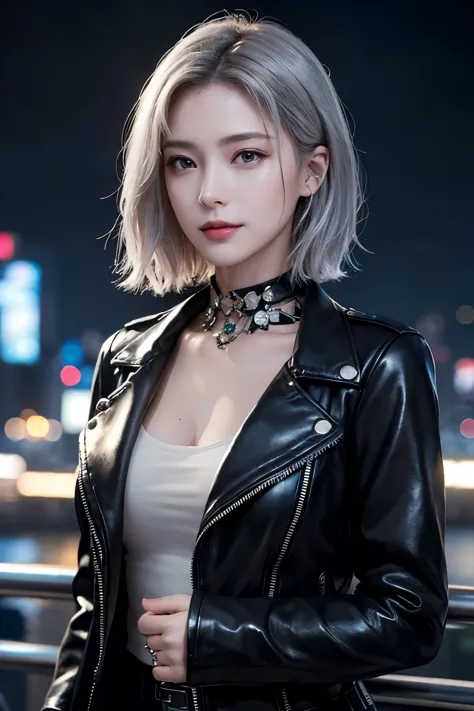 (((masterpiece)))、((((highest quality))))、(((super detailed)))、(photorealistic)、beautiful woman in cyberpunk fashion in black le...