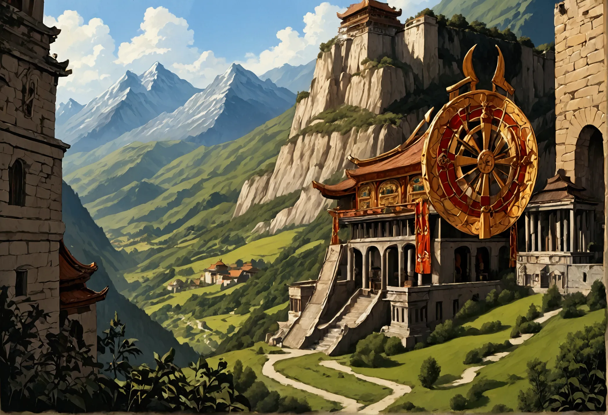 oil art, comic art ancient dwarven city, deep city, built into the mountain, massive forge, long corridors, epic undermountain c...