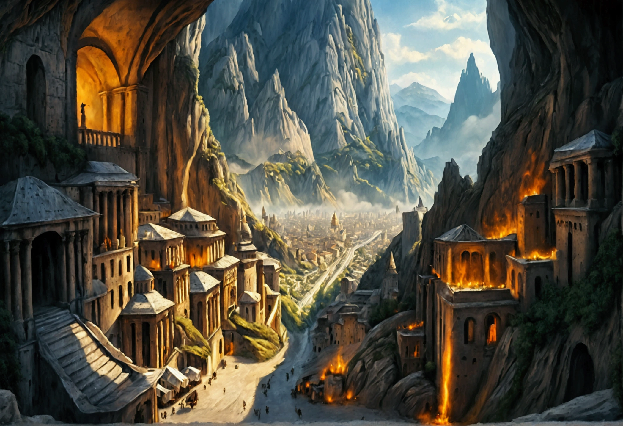 oil art, comic art ancient dwarven city, deep city, built into the mountain, massive forge, long corridors, epic Undermountain city, 