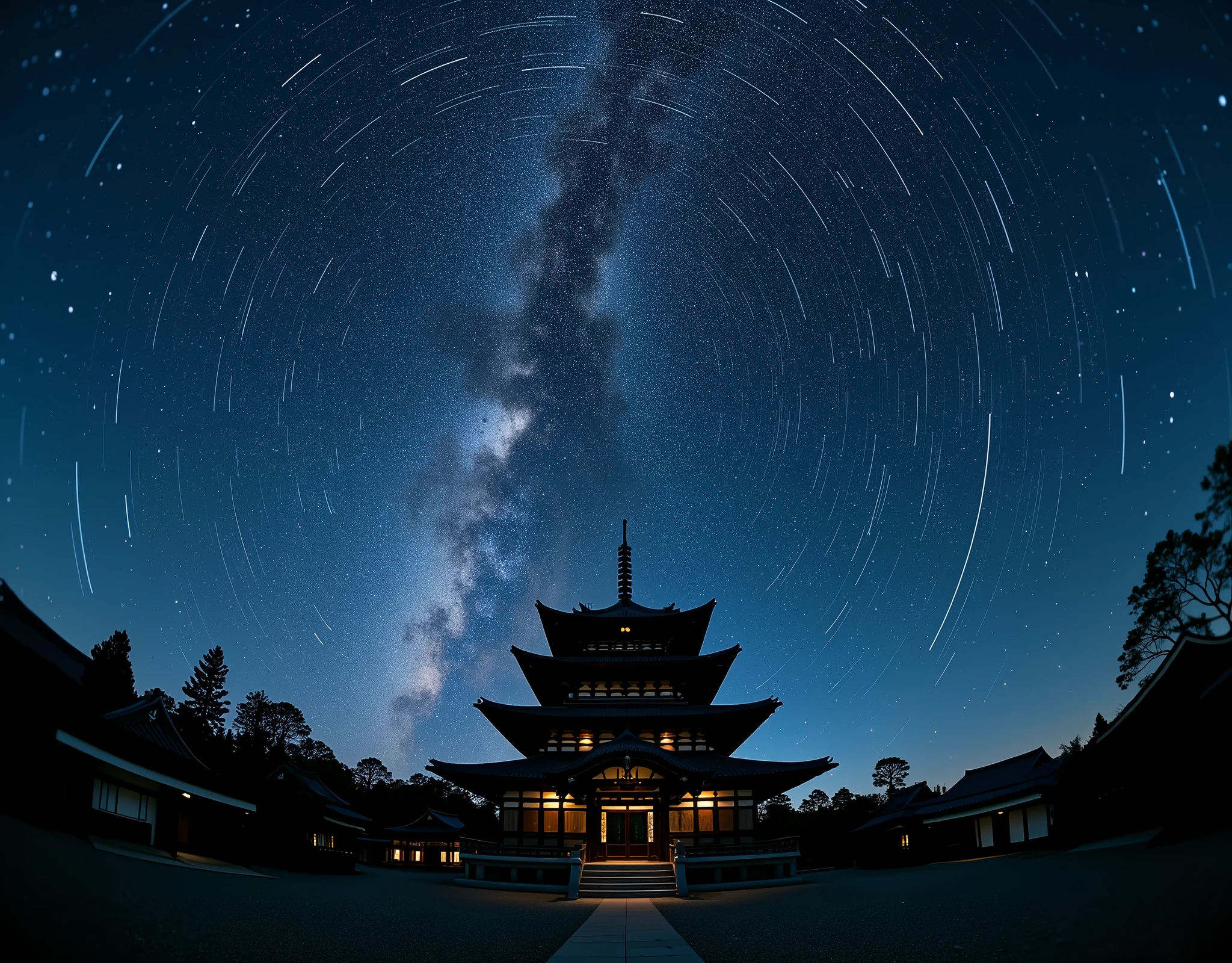 Ancient architecture, Horyuji Temple, milky way, Night Sky, Star trajectory, few fisheye lens.