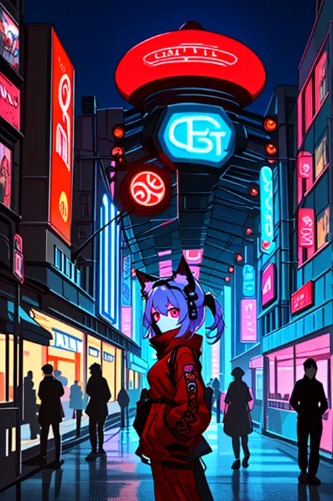 the image is a digital illustration of a young woman in a futuristic city at night. she is wearing a black and red outfit with c...