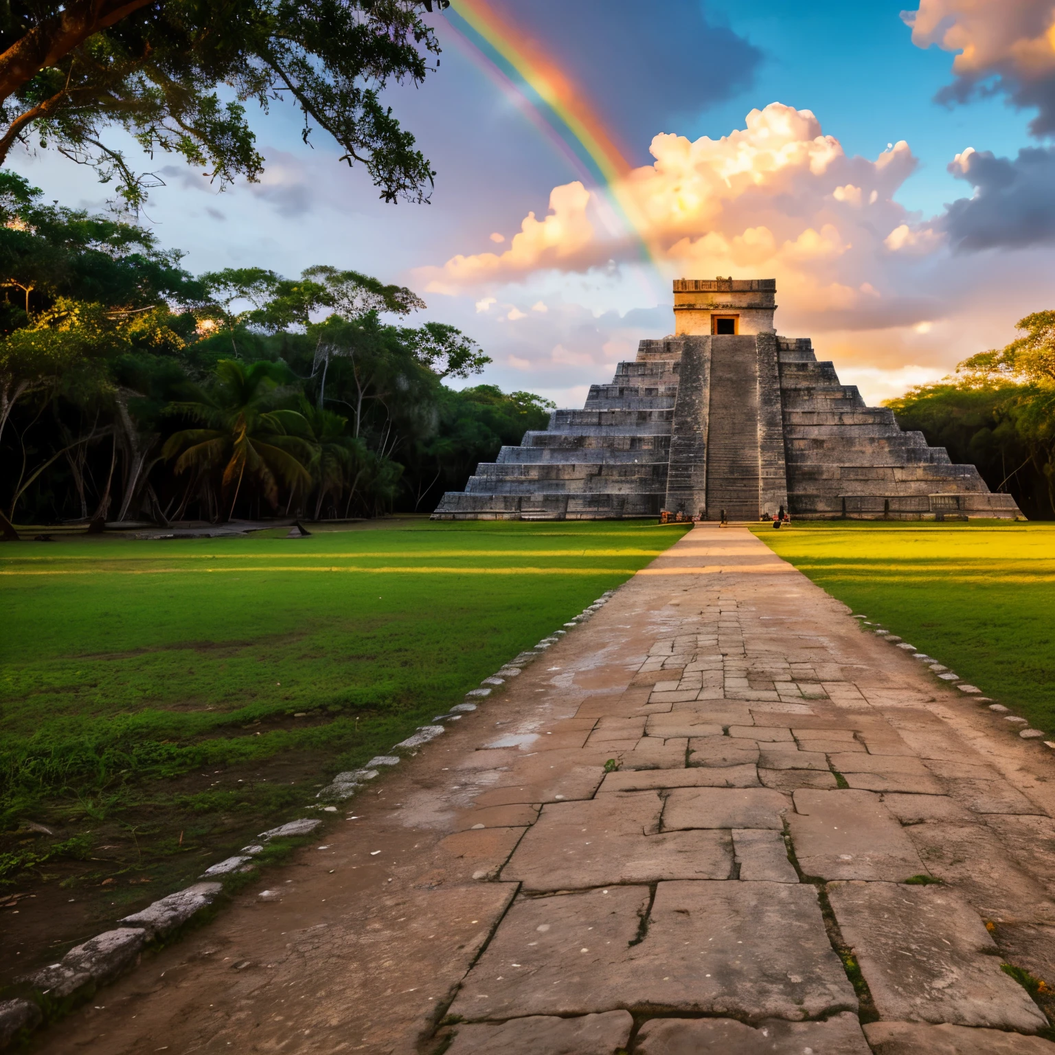 Chichen Itza,(no human,)A rainbow hangs in the sky, dawn, an ancient temple in the forest,