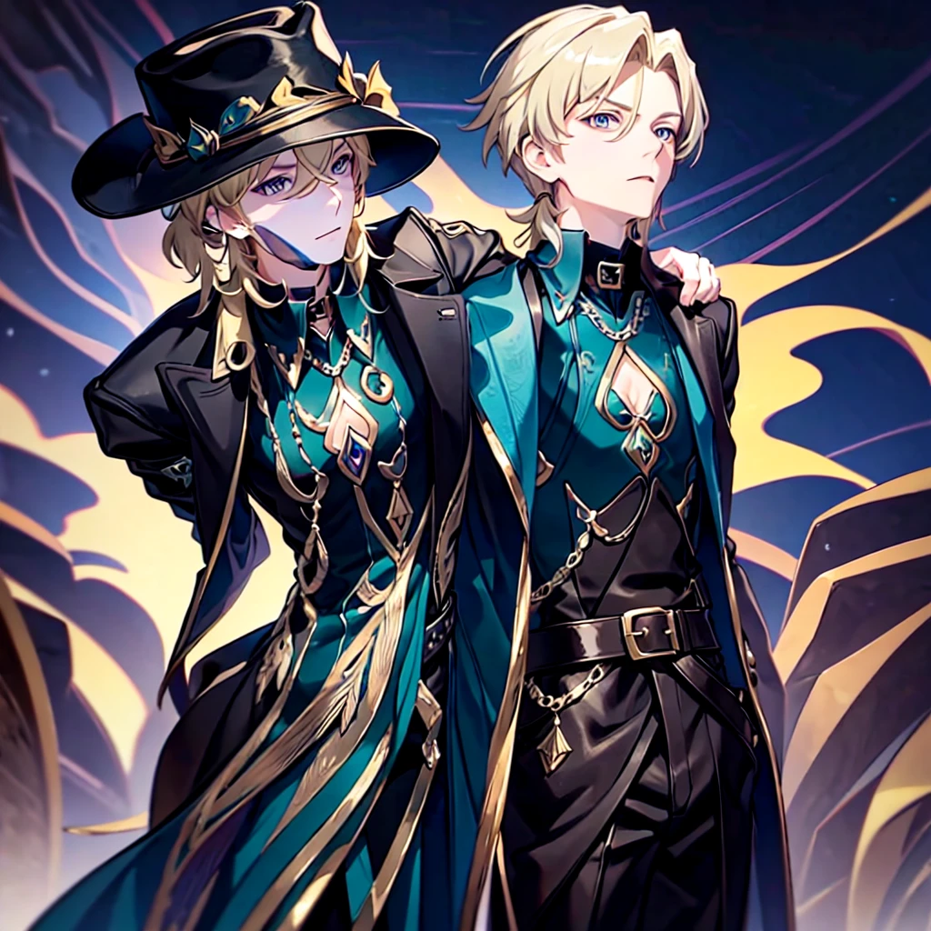 Anime attractive man, 20 year old, blonde hair, very very short ponytail, tall, muscular, solo, one person, dark blue high-collared dress shirt with rolled up sleeves, black choker, dark blazer with gold lining and buttons unbuttoned with rolled up sleeves, long dark overcoat with a fur trim, rolled up sleeves, rolled up sleeves, rolled up sleeves, rolled up sleeves muscular, masculine face. Black fedora, fedora, black fedora, hat, fedora